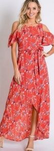 Red Floral Cold Shoulder Tulip Wrap Maxi Dress Wit